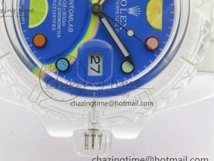 MiroTime 0123 Submariner Phantomlab Transparent KZF Best Edition Blue Fruit Dial on White Rubber Strap VR Classic 2563